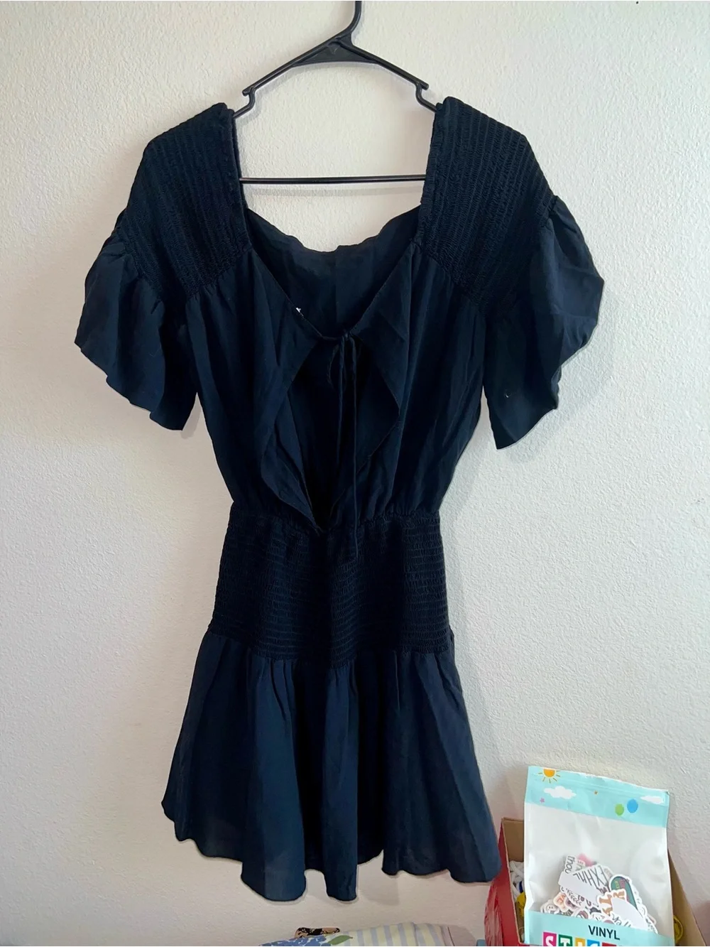 Free People Navy Blue Smocked-Waist Puff Sleeve Mini Dress